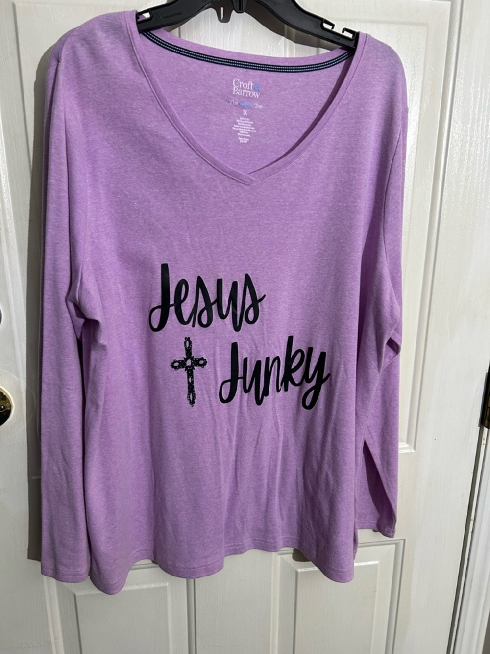 croft & barrow Lavender Long-Sleeve V-Neck Tee with Black Script